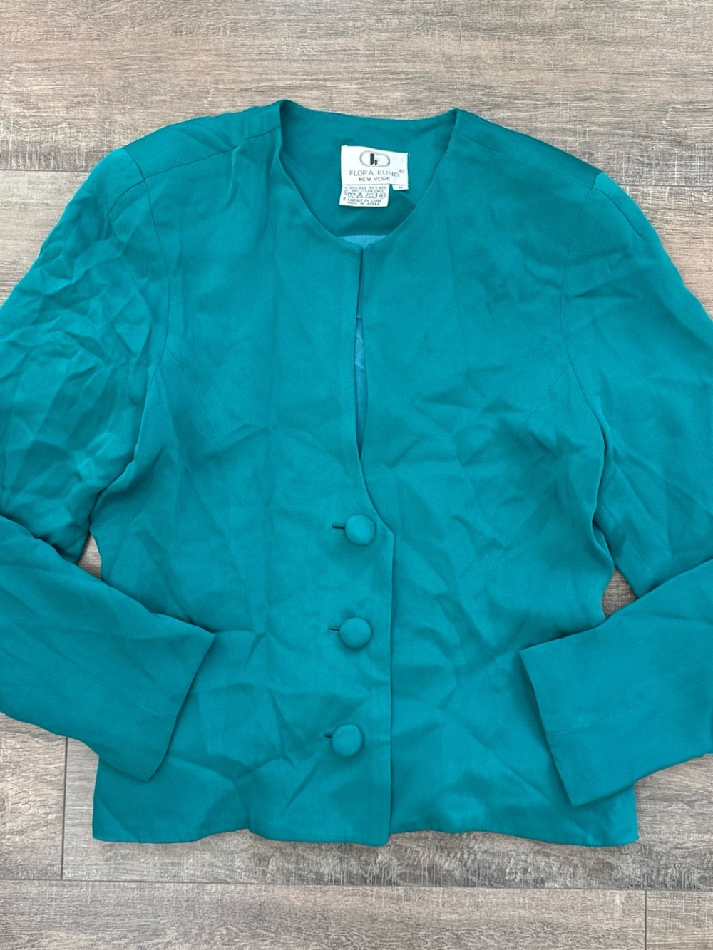 VTG Flora Kung 100% Silk Teal Blazer Jacket Size 8 Work Office Siren Power Suit